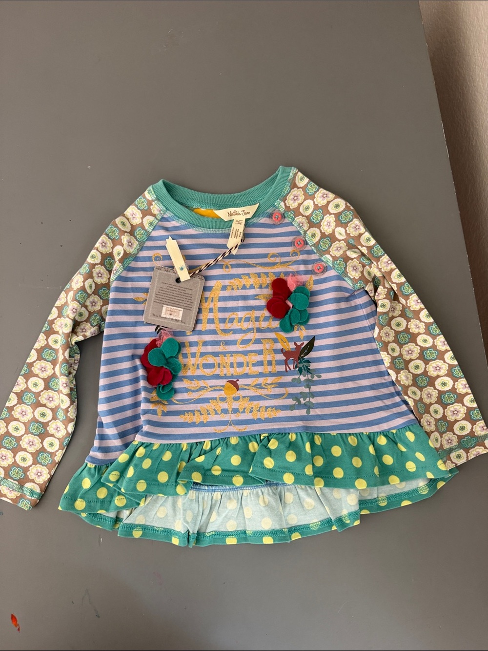 Matilda Jane Blue Striped Floral Sleeve Ruffle Top with Teal Polka-Dot Hem